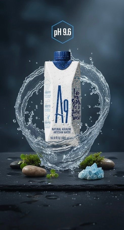 A9 alkaline water carton framed by a crown of water